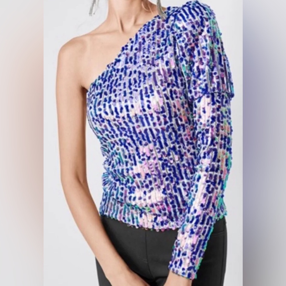 Venus sequined One-Shoulder long sleeve Top - Blue multi color Sz M